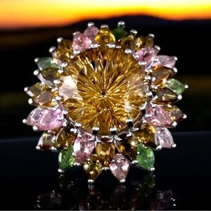 Hanabi Cut Brazilian Citrine & Multi-Tourmaline Fireworks 16.1ctw Sterling Ring